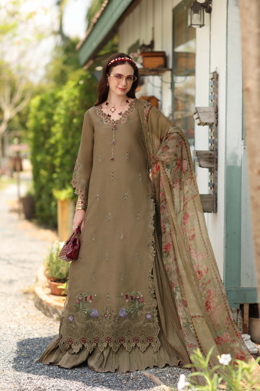 Noor by Saadia Asad Eid Luxe Printkhaas Unstitched 3Pc Suit D-08 Mocha Sienna
