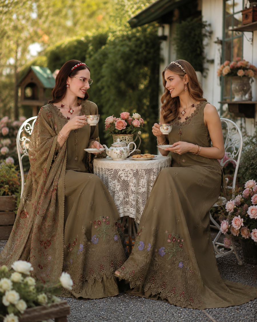 Noor by Saadia Asad Eid Luxe Printkhaas Unstitched 3Pc Suit D-08 Mocha Sienna