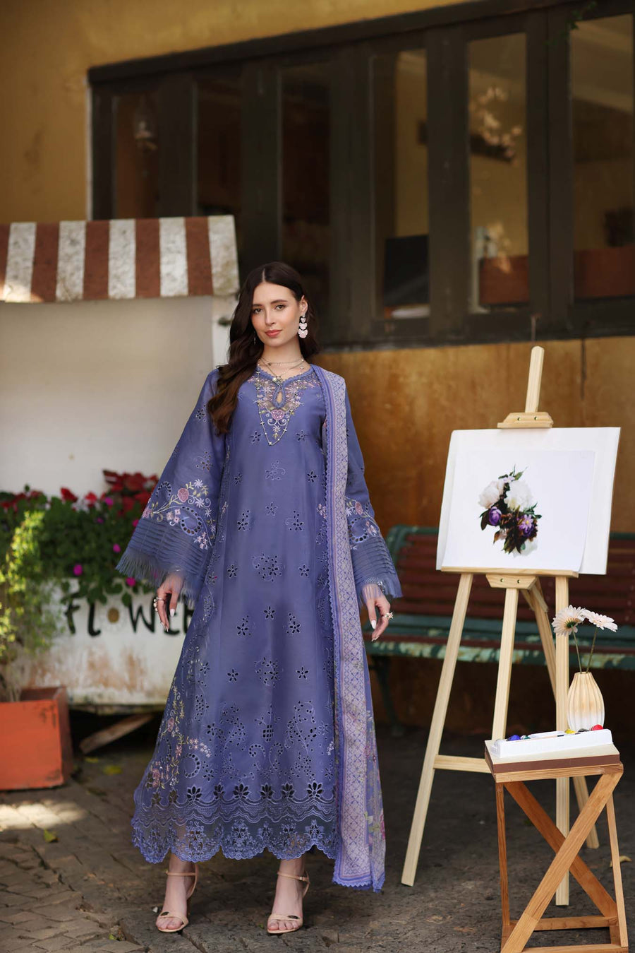 Noor by Saadia Asad Luxury Eid Schiffli Laserkari Unstitched Suit D9 -Tropical indigo