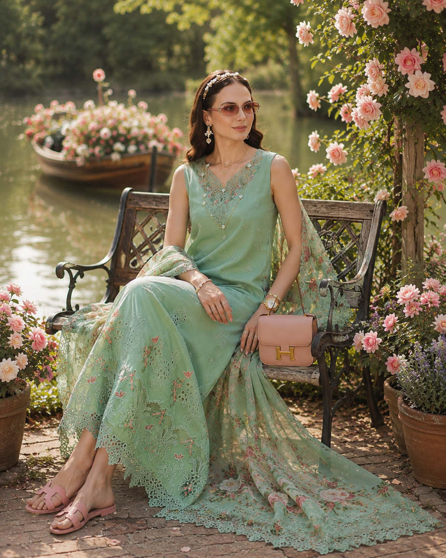 Noor by Saadia Asad Eid Luxe Printkhaas Unstitched 3Pc Suit D-09 Aqua Minté
