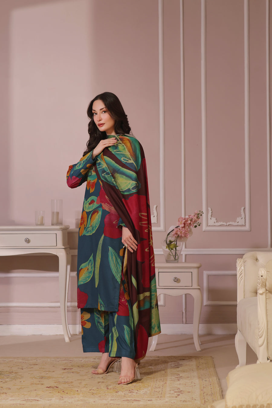 Feathers Dastak Unstitched Digital Printed Dhanak 3Pc Suit - DARK BLOOM