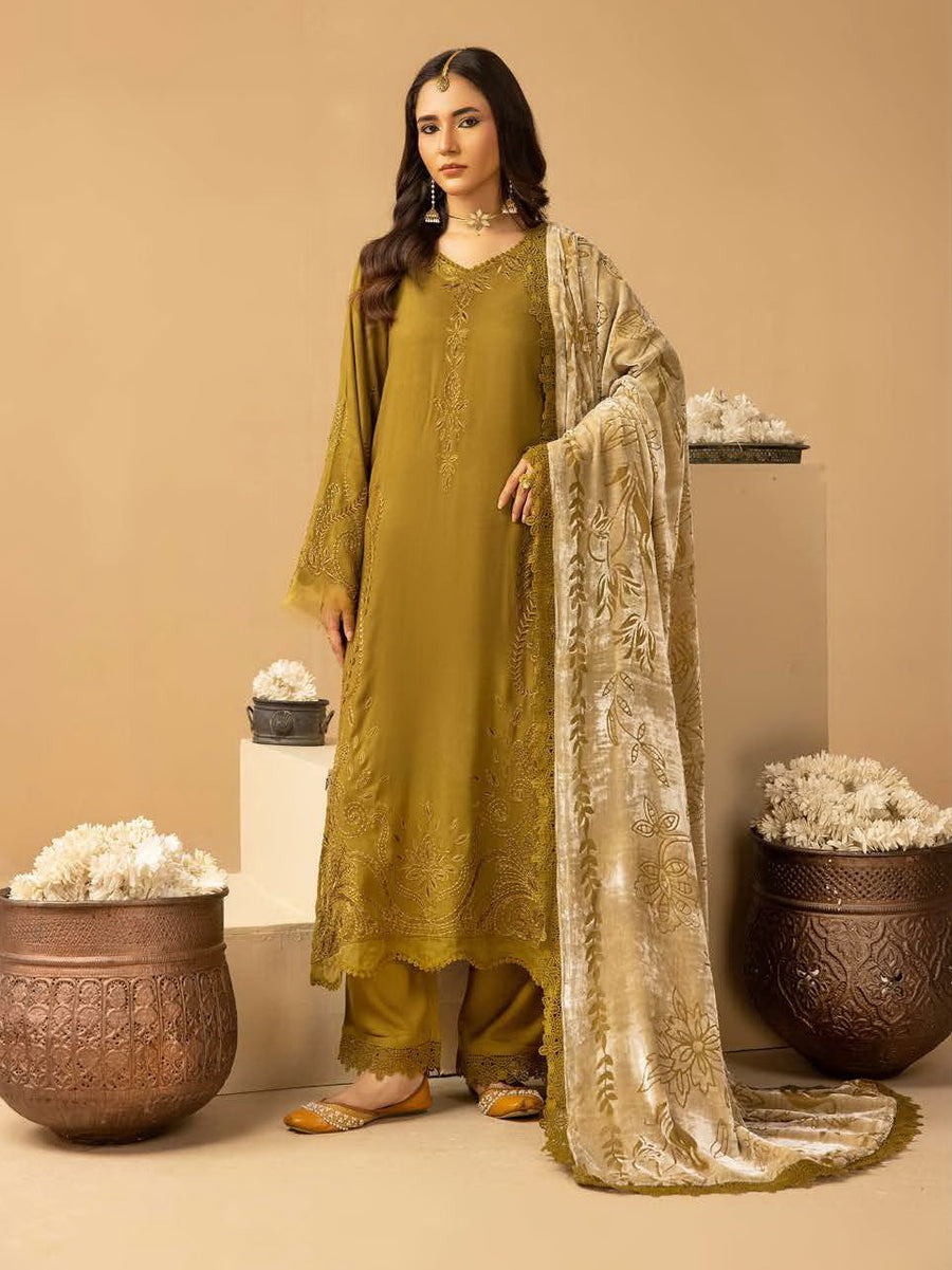 Dastaan by Riaz Arts Embroidered Leather Peach 3Pc Suit DS-18