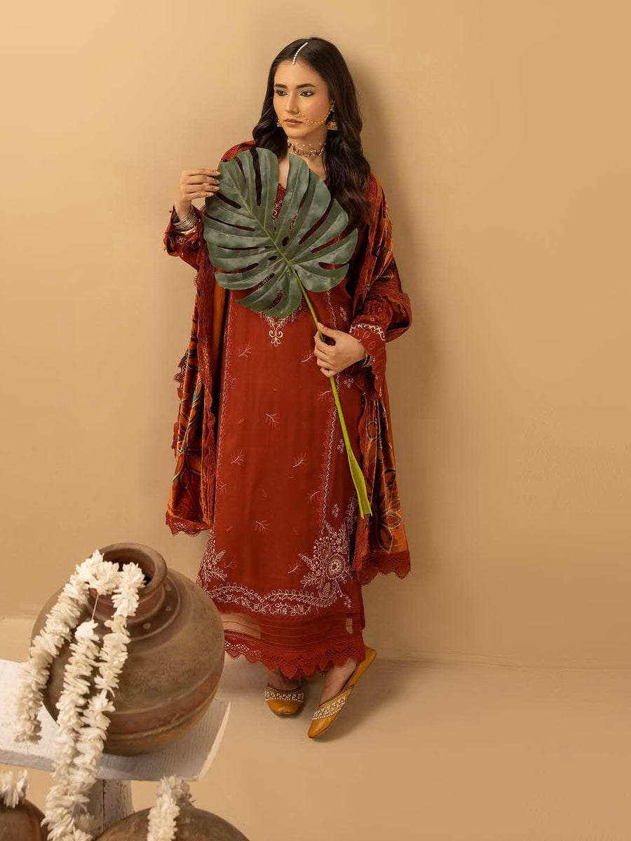 Dastaan by Riaz Arts Embroidered Leather Peach 3Pc Suit DS-20