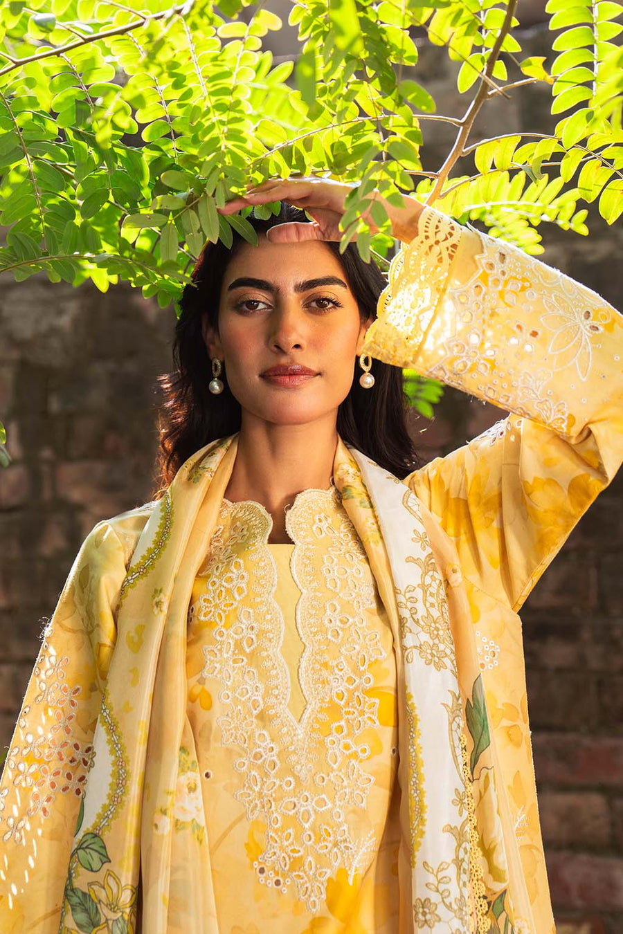 Neeshay Summer Lines Printkari Embroidered Lawn Unstitched 3Pc Suit - BUTTERCUP
