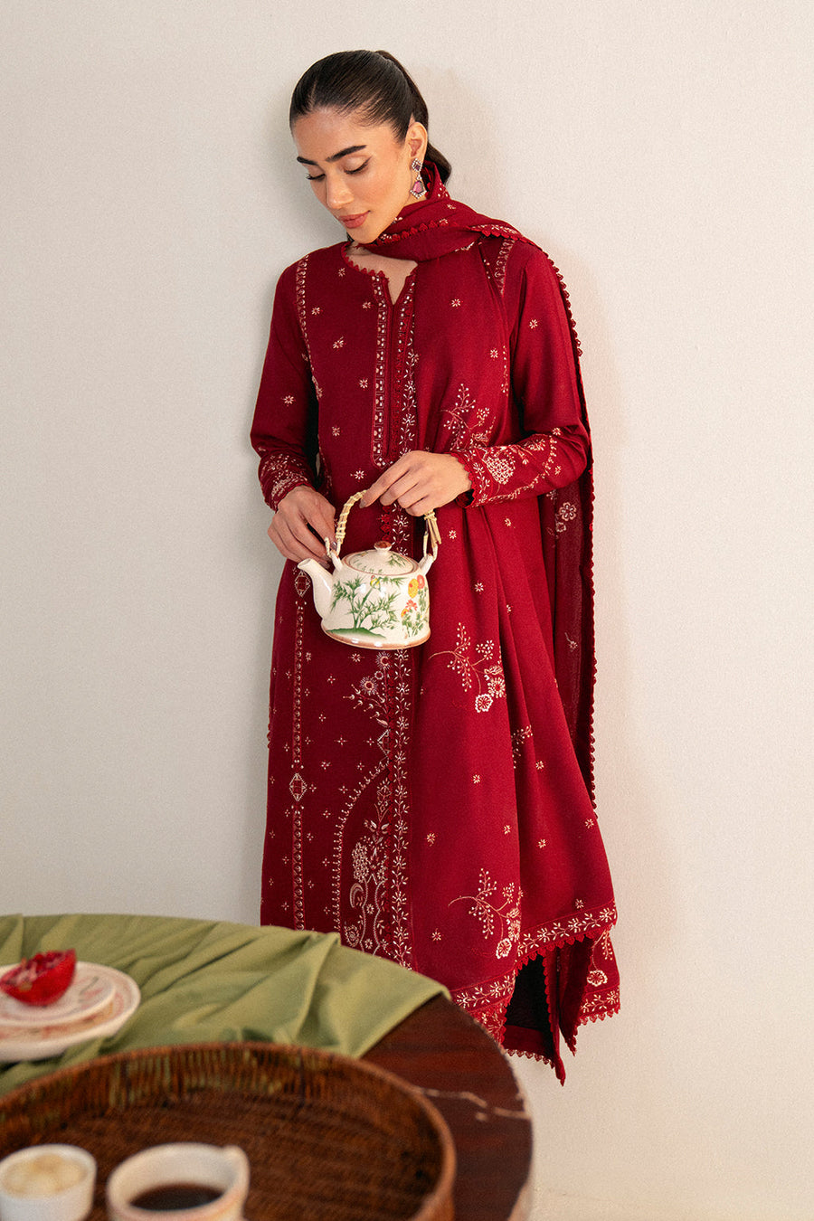 Neeshay Fall Pret Embroidered Karandi Stitched 3Pc Suit - Crimson