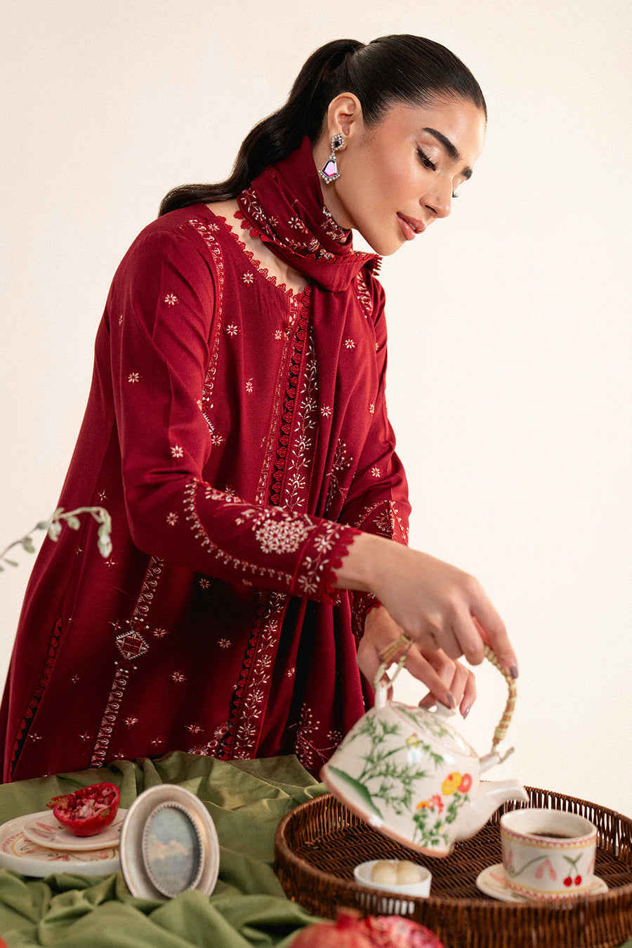 Neeshay Fall Pret Embroidered Karandi Stitched 3Pc Suit - Crimson