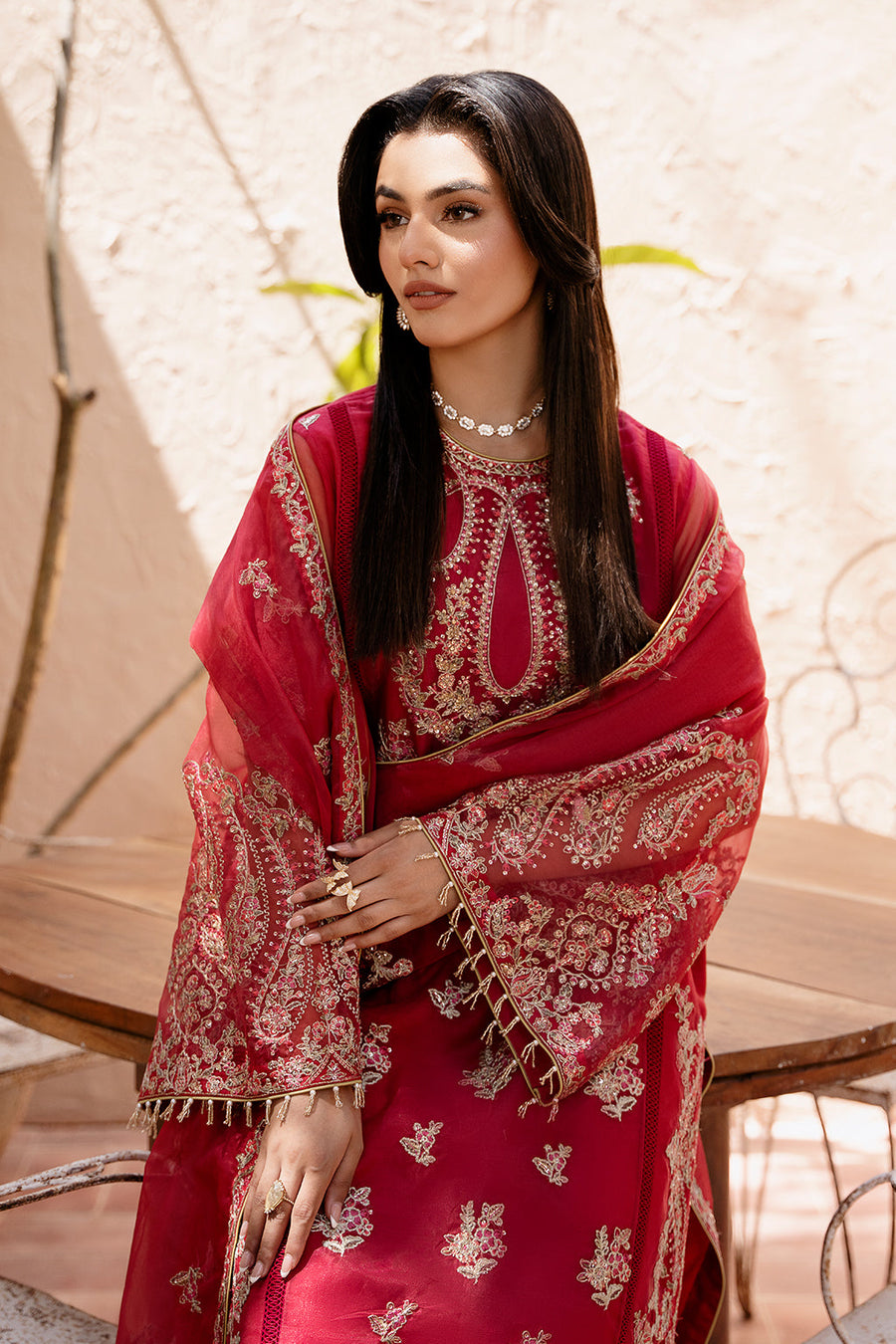 Zarposh Elara Embroidered Organza Unstitched 3Pc Suit - Gulab