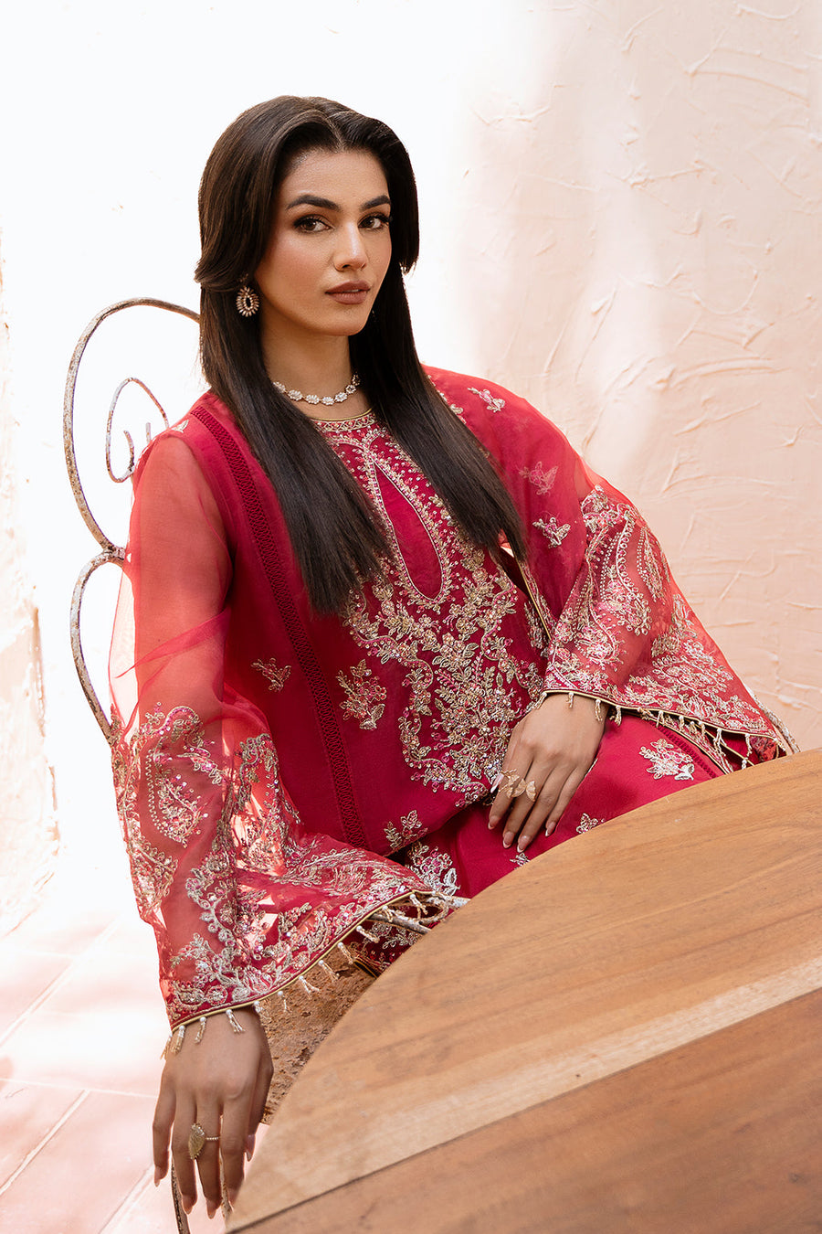 Zarposh Elara Embroidered Organza Unstitched 3Pc Suit - Gulab