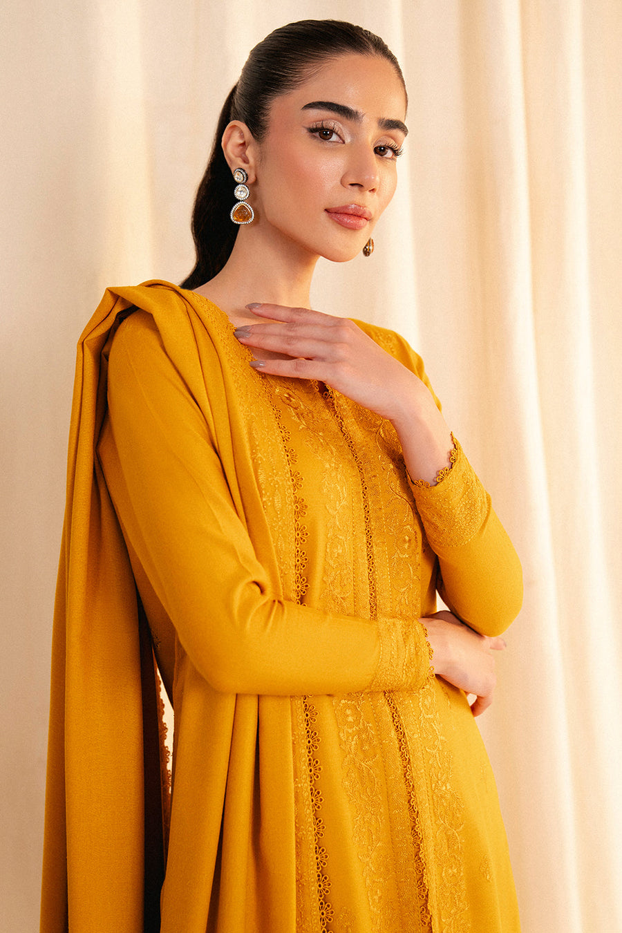 Neeshay Fall Pret Embroidered Karandi Stitched 3Pc Suit - Golden Hour
