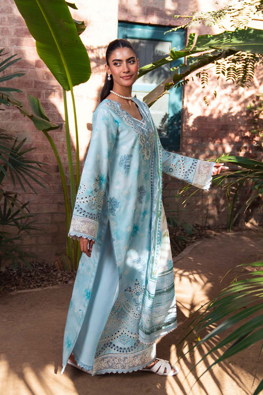 Neeshay Summer Lines Printkari Embroidered Lawn Unstitched 3Pc Suit - SKY-WAVE