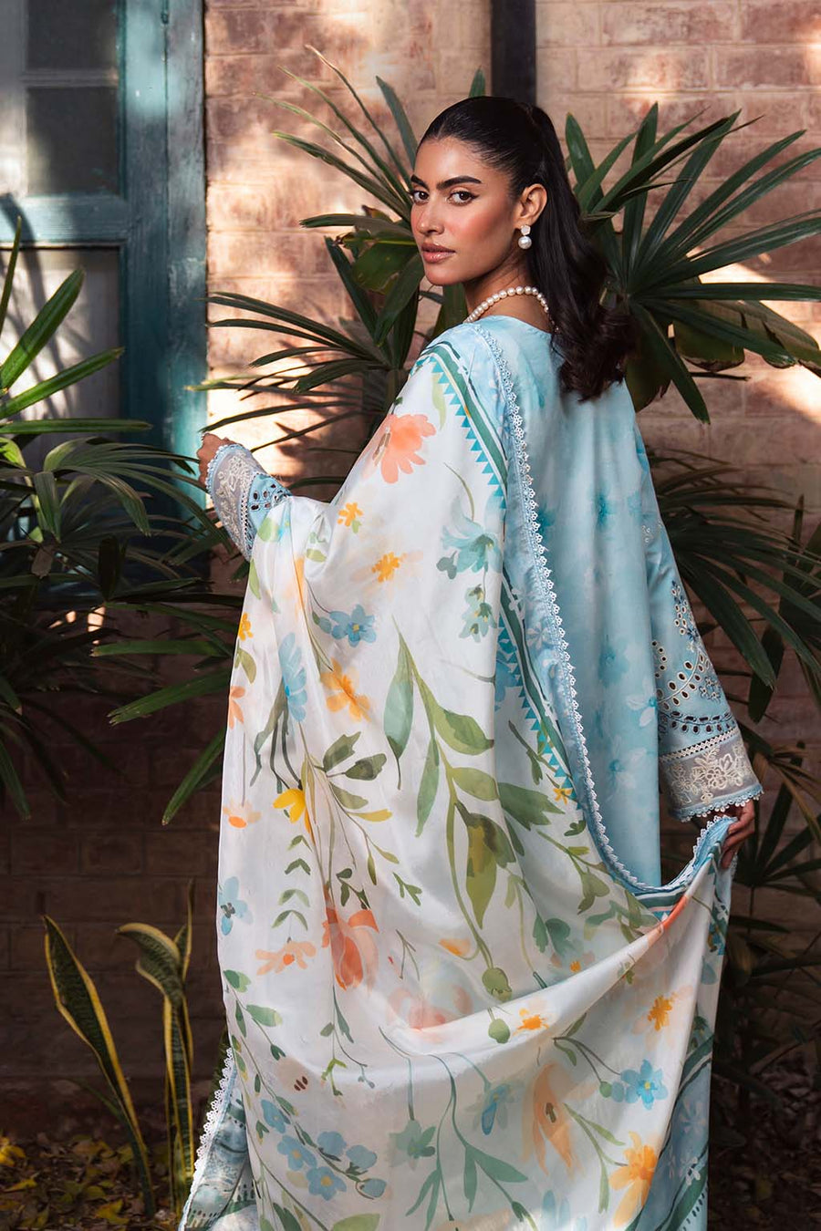 Neeshay Summer Lines Printkari Embroidered Lawn Unstitched 3Pc Suit - SKY-WAVE