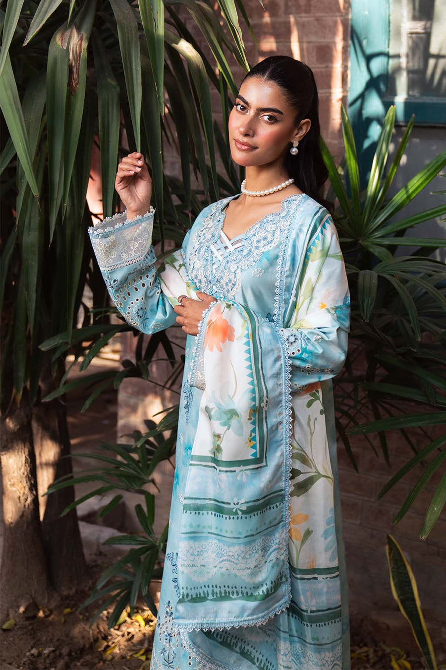 Neeshay Summer Lines Printkari Embroidered Lawn Unstitched 3Pc Suit - SKY-WAVE