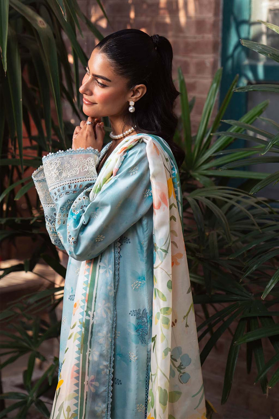 Neeshay Summer Lines Printkari Embroidered Lawn Unstitched 3Pc Suit - SKY-WAVE