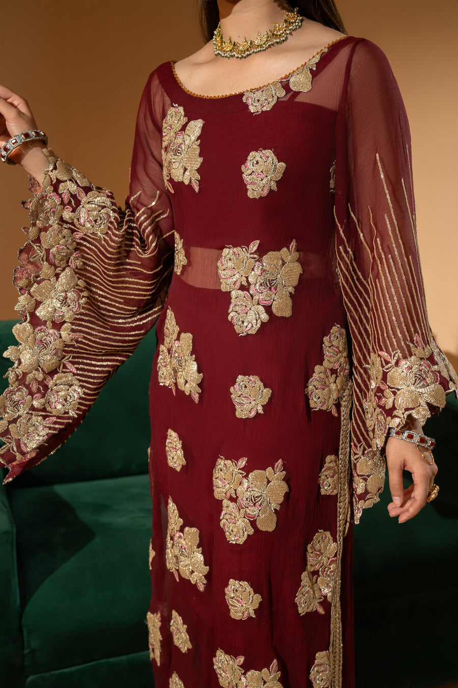 Hemstitch Unstitched Wedding Formal Chiffon 3Pc Suit WDU-01 Rubby