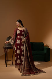 Hemstitch Unstitched Wedding Formal Chiffon 3Pc Suit WDU-01 Rubby