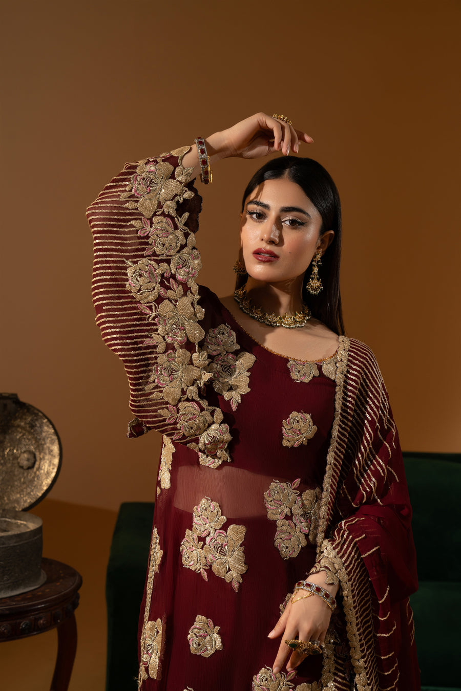 Hemstitch Unstitched Wedding Formal Chiffon 3Pc Suit WDU-01 Rubby