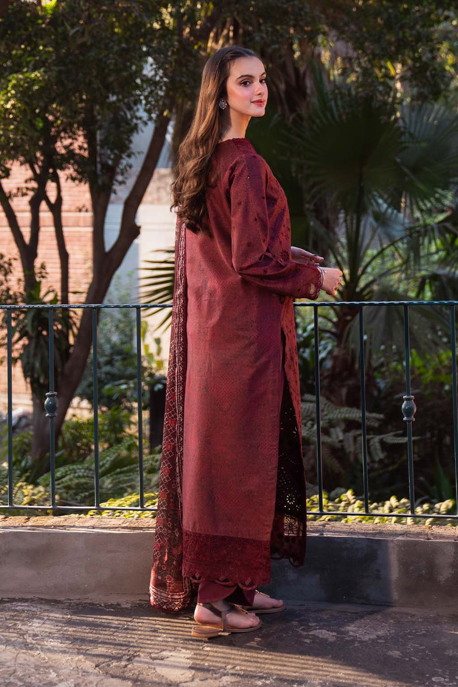 Neeshay Summer Lines Printkari Embroidered Lawn Unstitched 3Pc Suit - GARNET