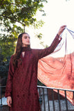Neeshay Summer Lines Printkari Embroidered Lawn Unstitched 3Pc Suit - GARNET