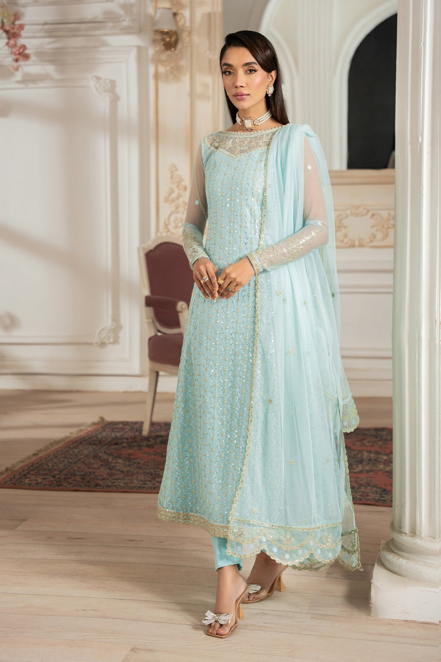 Zarif Nafees Sequins Embroidered Net Unstitched 3Pc Suit ZNAF - 04 KEREM