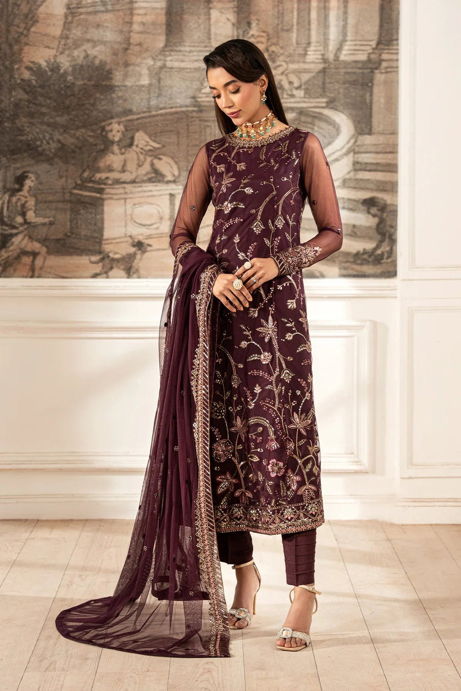 Zarif Formals Sequins Embroidered Net Unstitched 3Pc Suit ZFE-06 DAHLIA