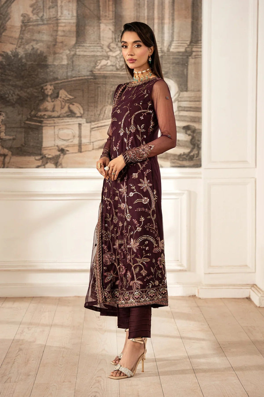 Zarif Formals Sequins Embroidered Net Unstitched 3Pc Suit ZFE-06 DAHLIA