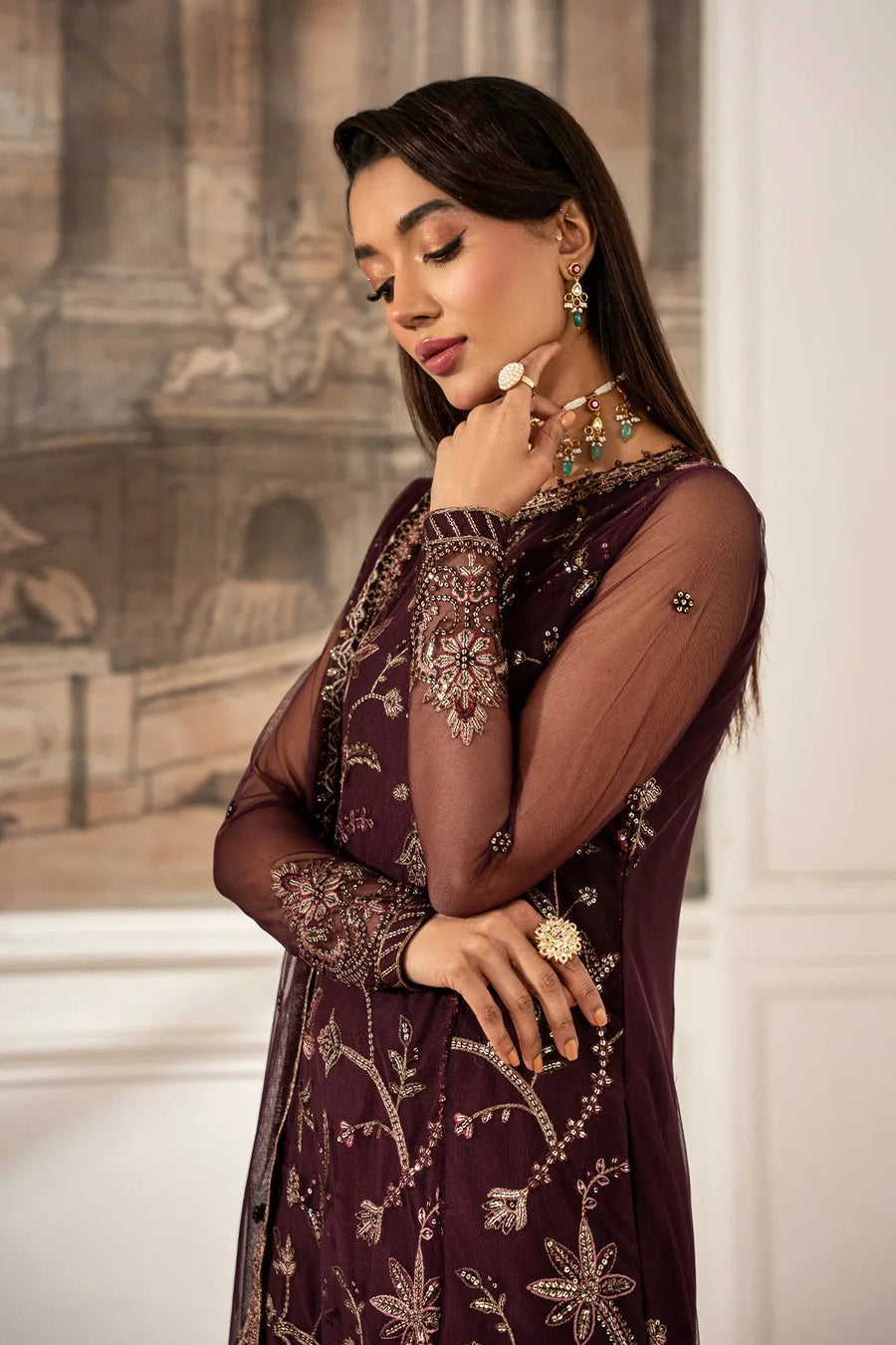 Zarif Formals Sequins Embroidered Net Unstitched 3Pc Suit ZFE-06 DAHLIA