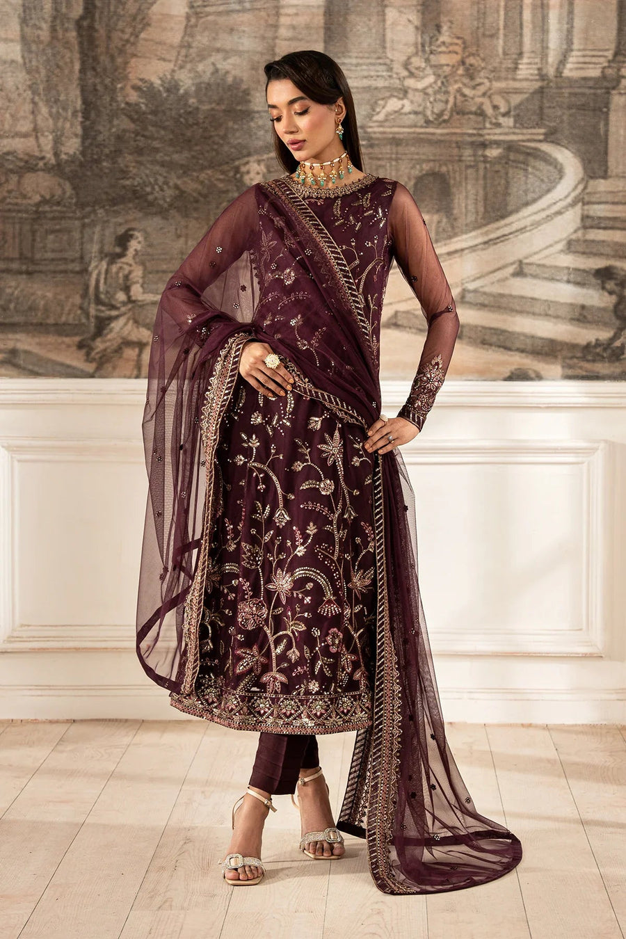 Zarif Formals Sequins Embroidered Net Unstitched 3Pc Suit ZFE-06 DAHLIA