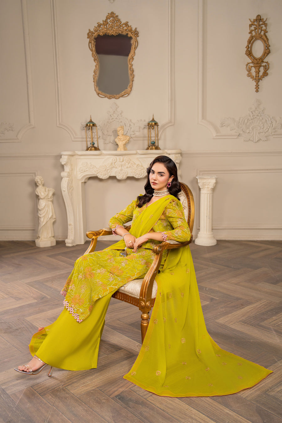 Hemstitch Embroidered Luxury Chiffon Unstitched 3Pc Suit - Parrot Green