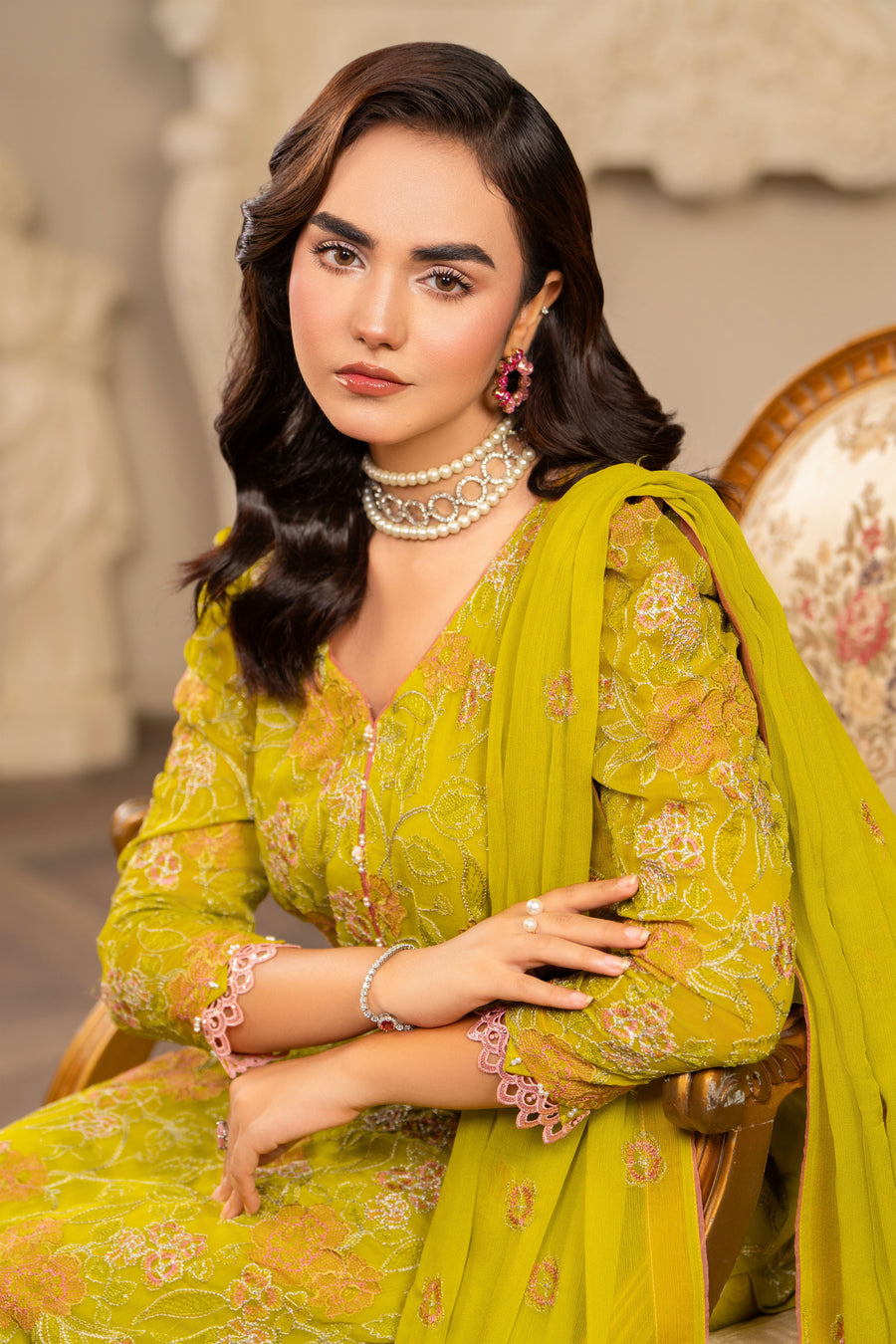 Hemstitch Embroidered Luxury Chiffon Unstitched 3Pc Suit - Parrot Green
