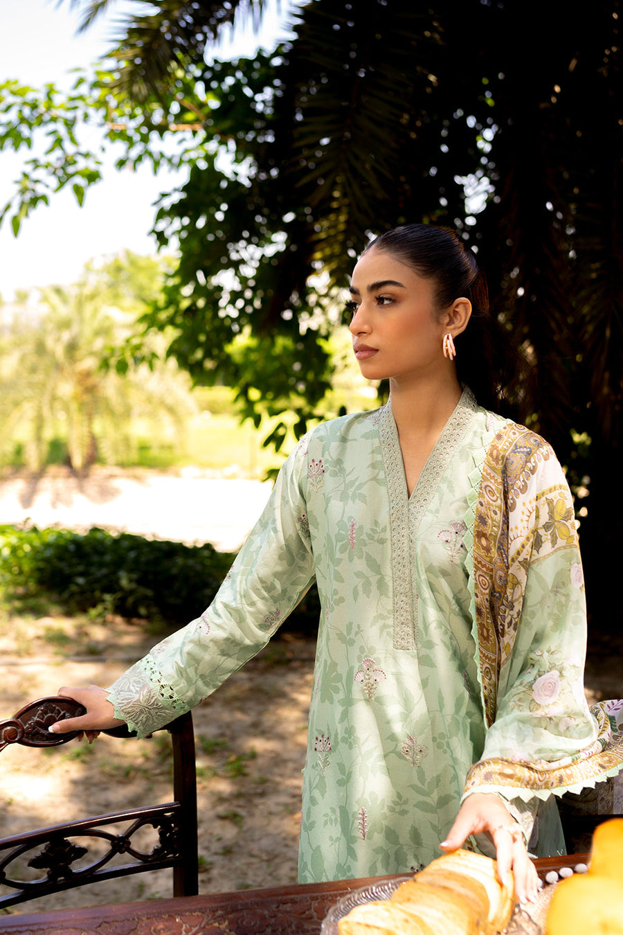 Neeshay Summer Lines Printkari Lawn Unstitched 3Pc Suit - SAGE BRUSH