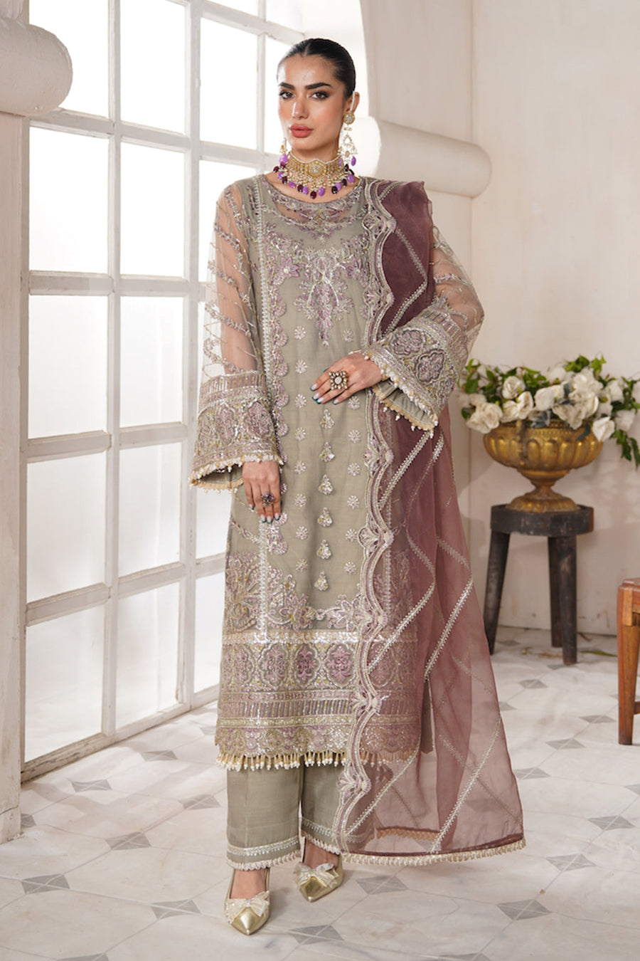 Nazneen by Avyana Embroidered Net Unstitched 4Pc Suit - Inara