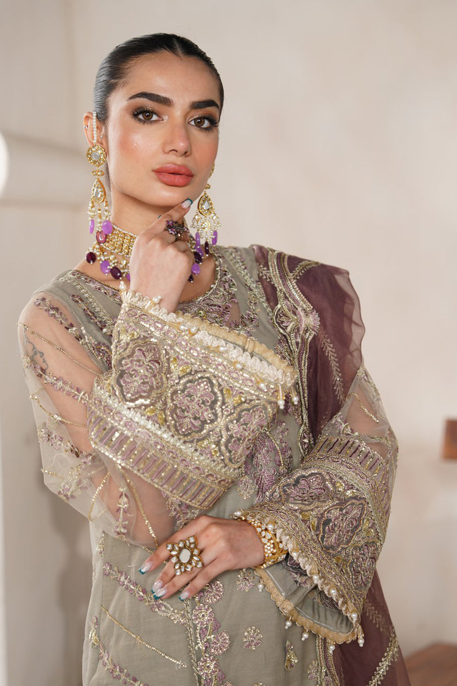 Nazneen by Avyana Embroidered Net Unstitched 4Pc Suit - Inara
