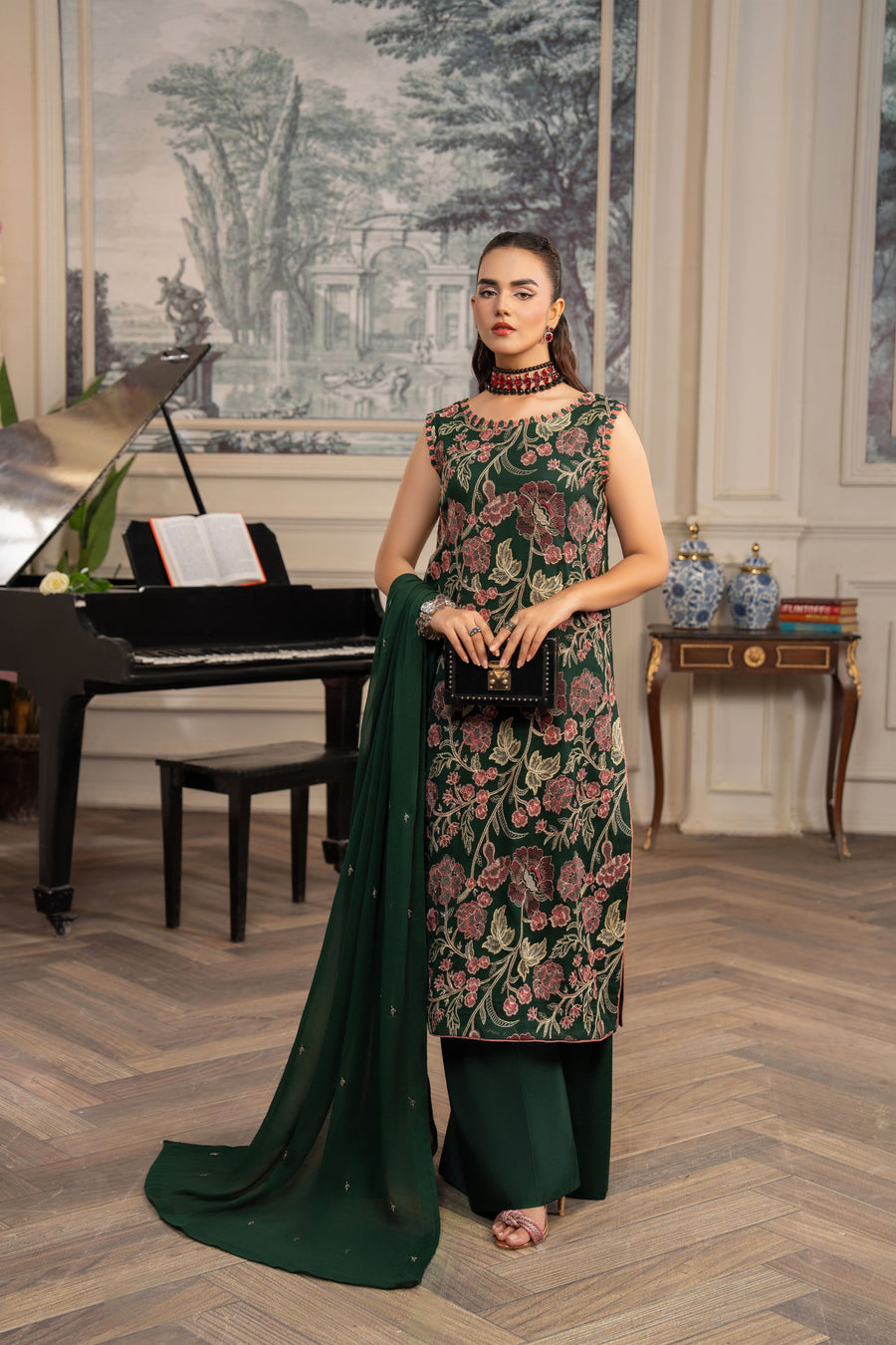 Hemstitch Embroidered Luxury Chiffon Unstitched 3Pc Suit - Jade