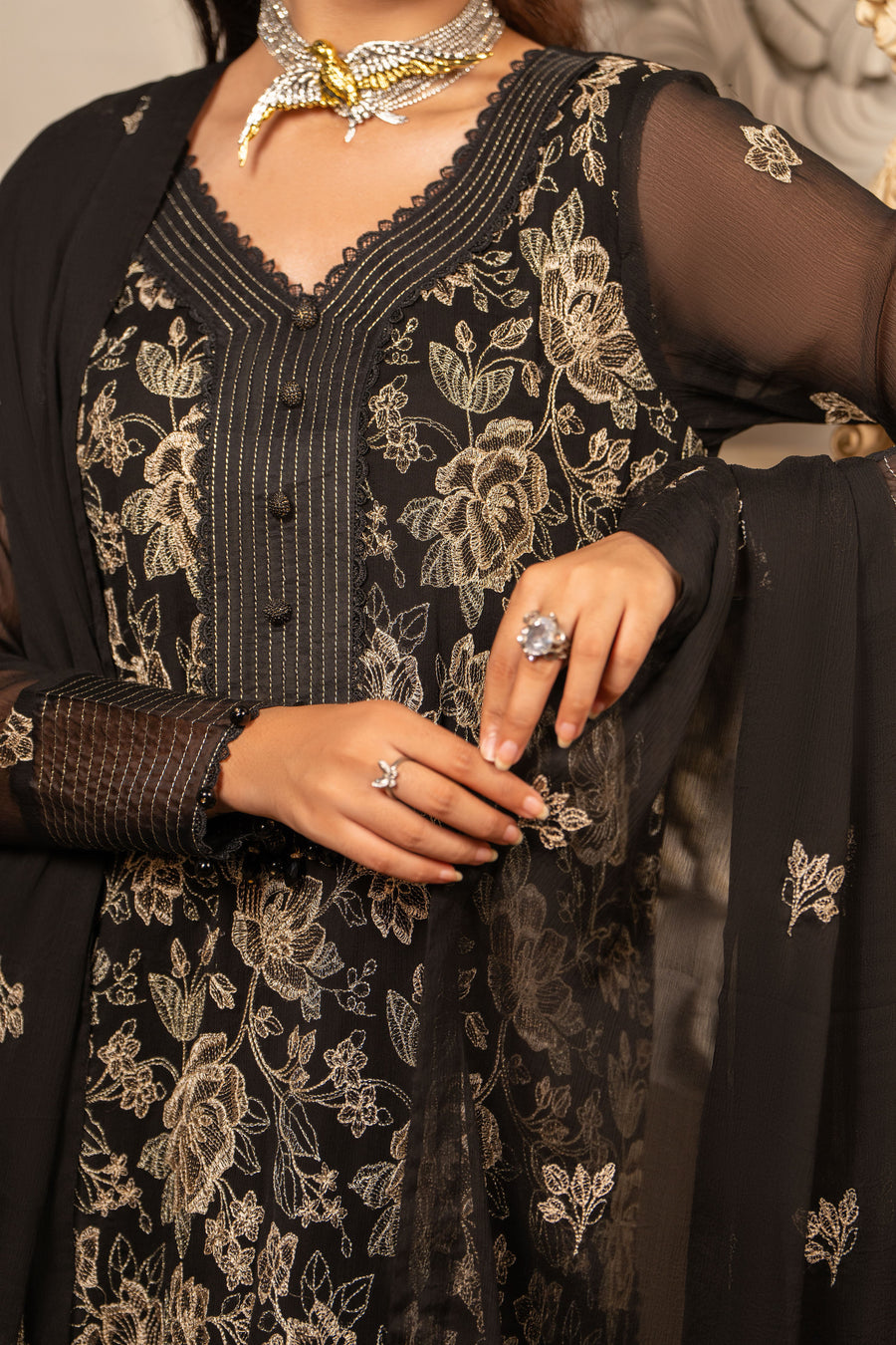 Hemstitch Embroidered Luxury Chiffon Unstitched 3Pc Suit - Leia