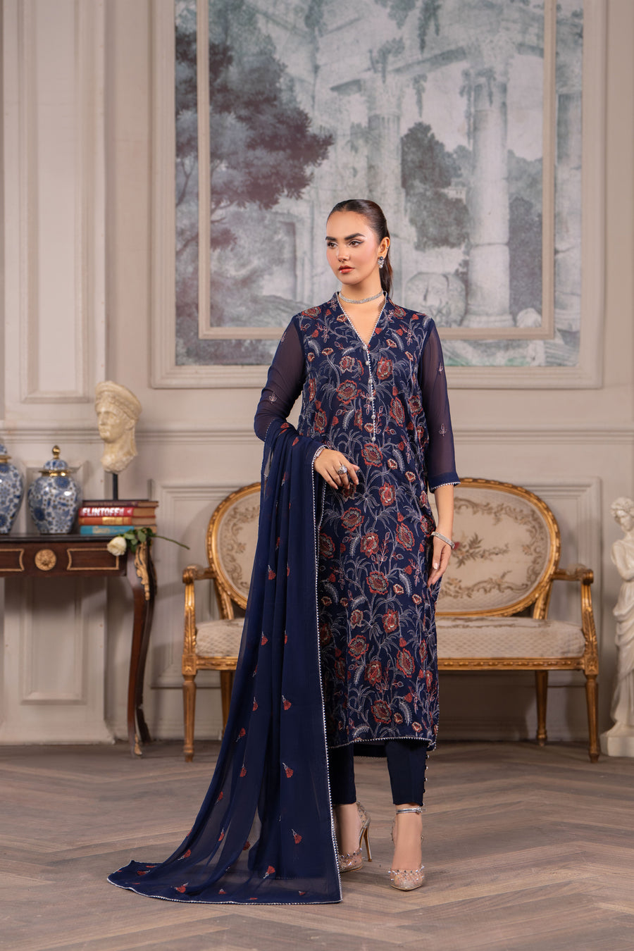 Hemstitch Embroidered Luxury Chiffon Unstitched 3Pc Suit - Elaya