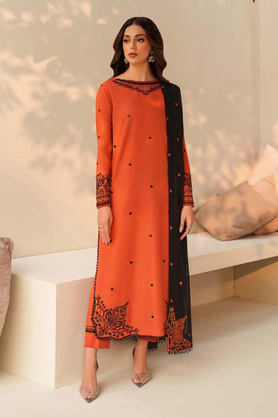 Zarif Exclusive Tabeer Embroidered Raw Silk Unstitched 3Pc Suit D-05 Sangria