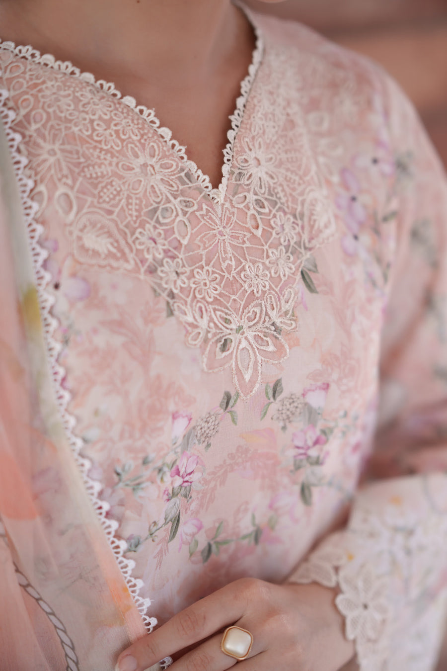 Neeshay Summer Lines Embroidered Lawn Unstitched 3Pc Suit - PEACHLINE