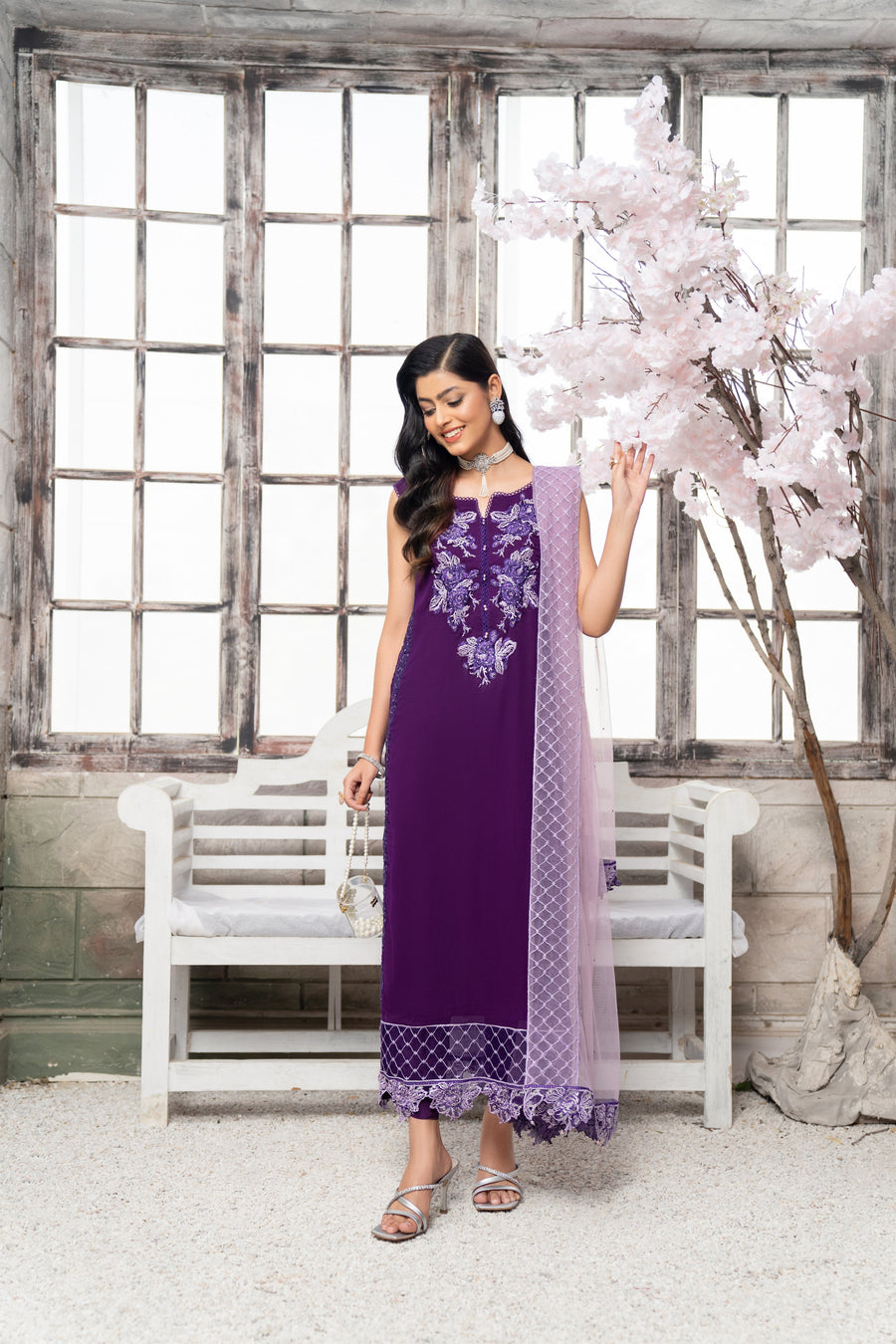 HemStitch Embroidered Luxury Chiffon Pret 3Pc Suit CP-008 Violet