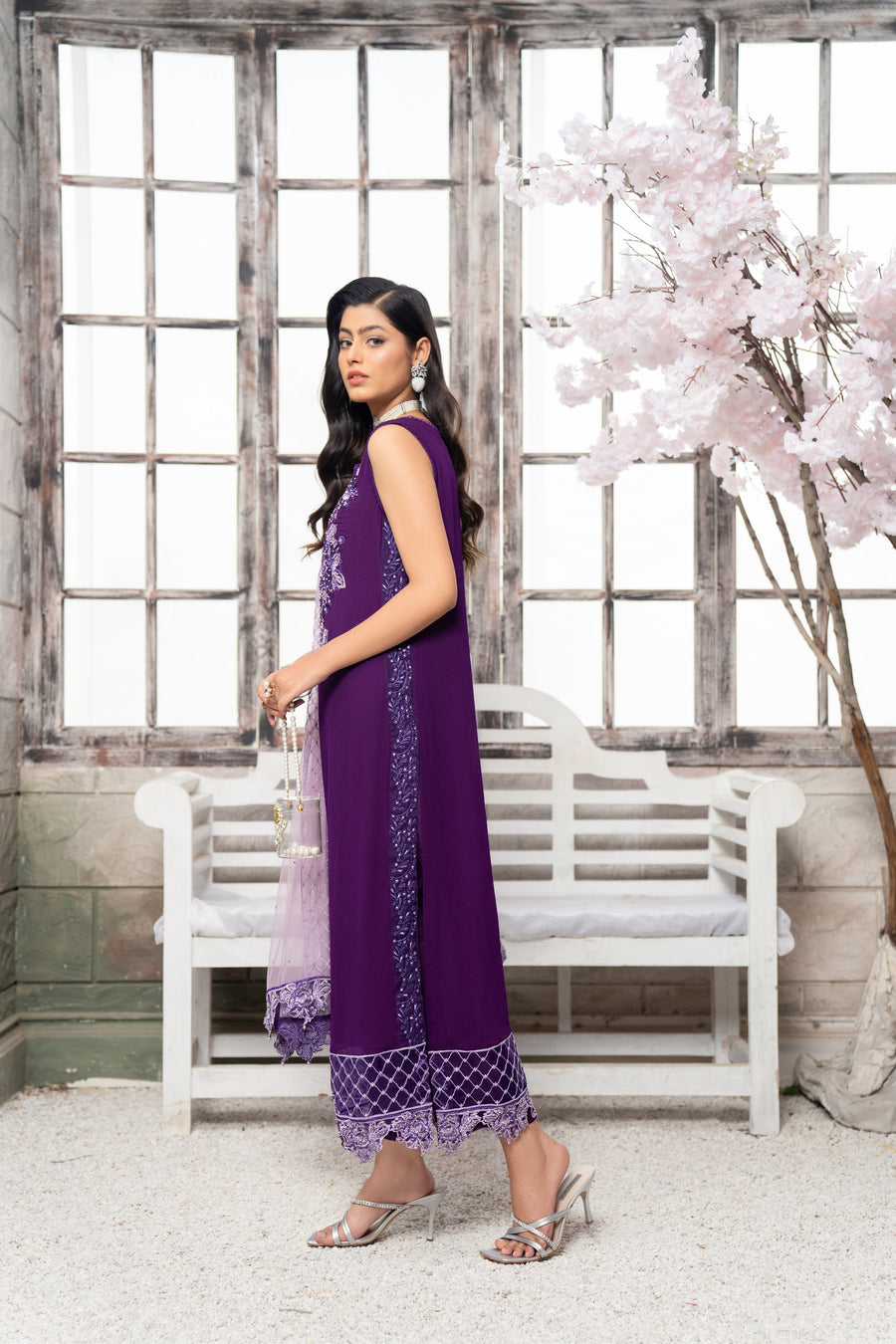 HemStitch Embroidered Luxury Chiffon Pret 3Pc Suit CP-008 Violet