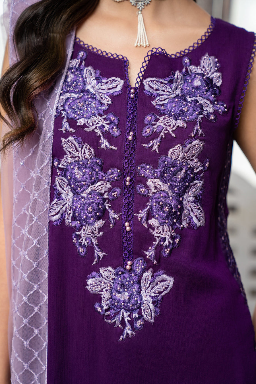 HemStitch Embroidered Luxury Chiffon Pret 3Pc Suit CP-008 Violet