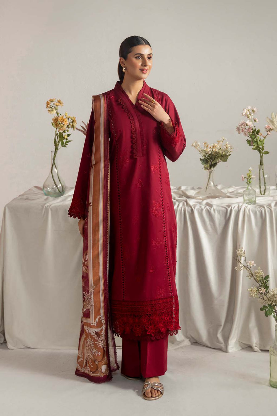 Neeshay Summer Edit Printed Lawn Ready to Wear 3Pc Suit - Rouge