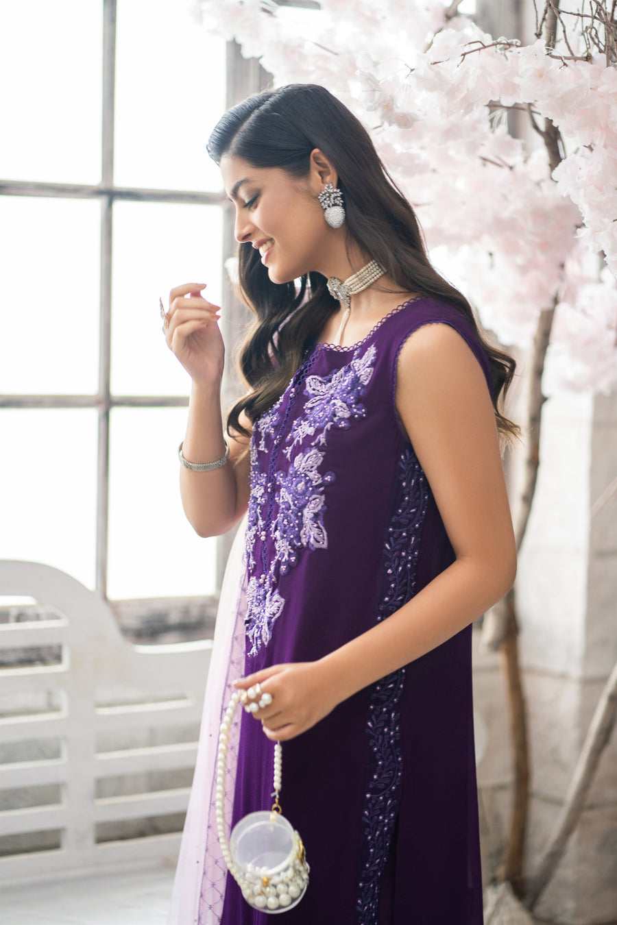 HemStitch Embroidered Luxury Chiffon Pret 3Pc Suit CP-008 Violet