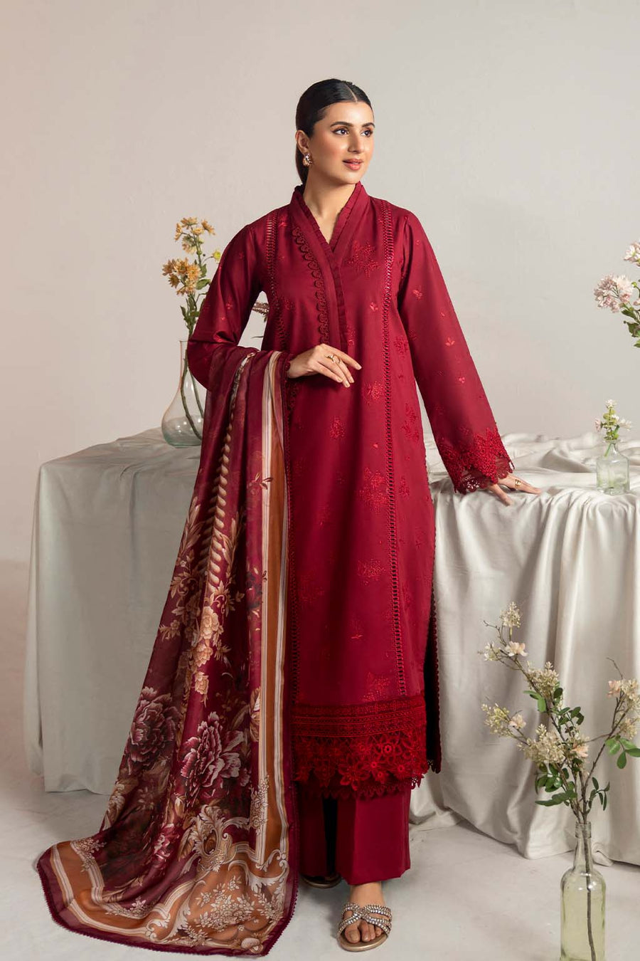 Neeshay Summer Edit Printed Lawn Ready to Wear 3Pc Suit - Rouge