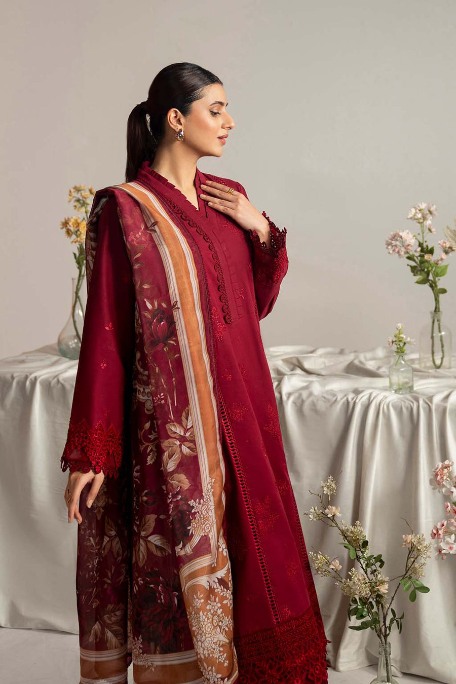 Neeshay Summer Edit Printed Lawn Ready to Wear 3Pc Suit - Rouge