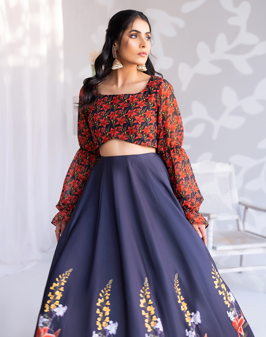 Hemstitch Afsana Embroidered Chiffon Lehanga Choli - Twilight