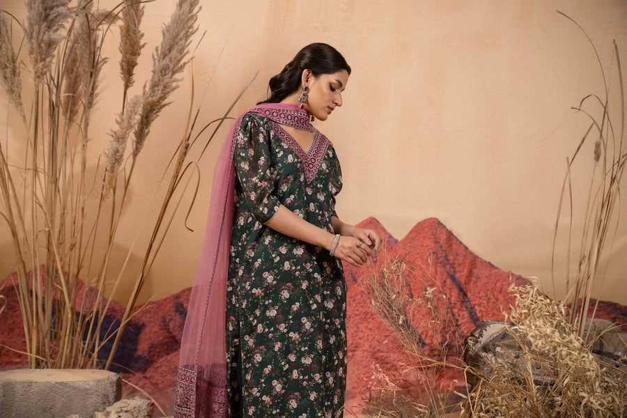 Hemstitch Afsana Vol-02 Embroidered Georgette Chiffon Stitched 3Pc Suit - SAIBA