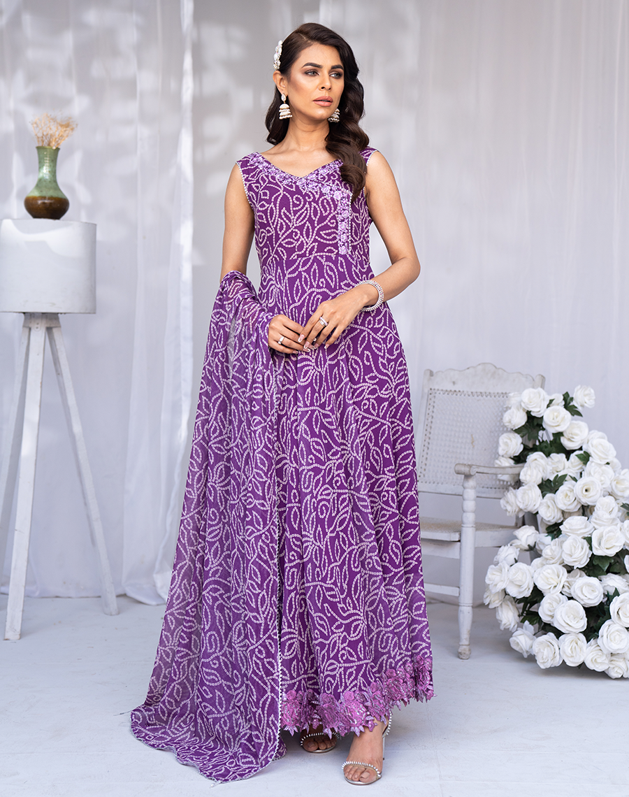 Hemstitch Afsana Embroidered Chiffon Angrakha Pishwas - Crimson (A)