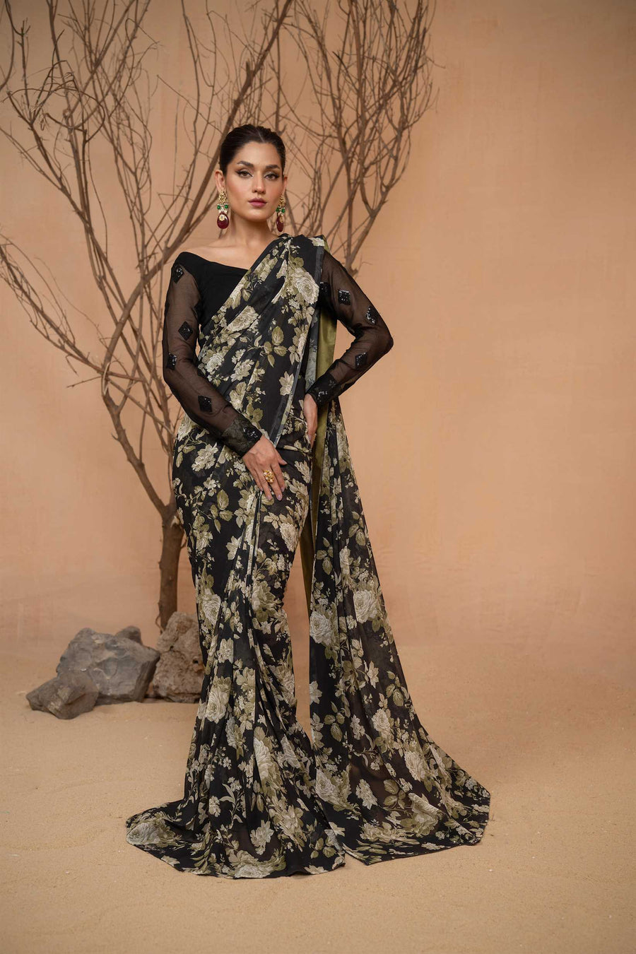 Hemstitch Afsana Vol-02 Embroidered Georgette Chiffon Stitched Saree - AMELIA
