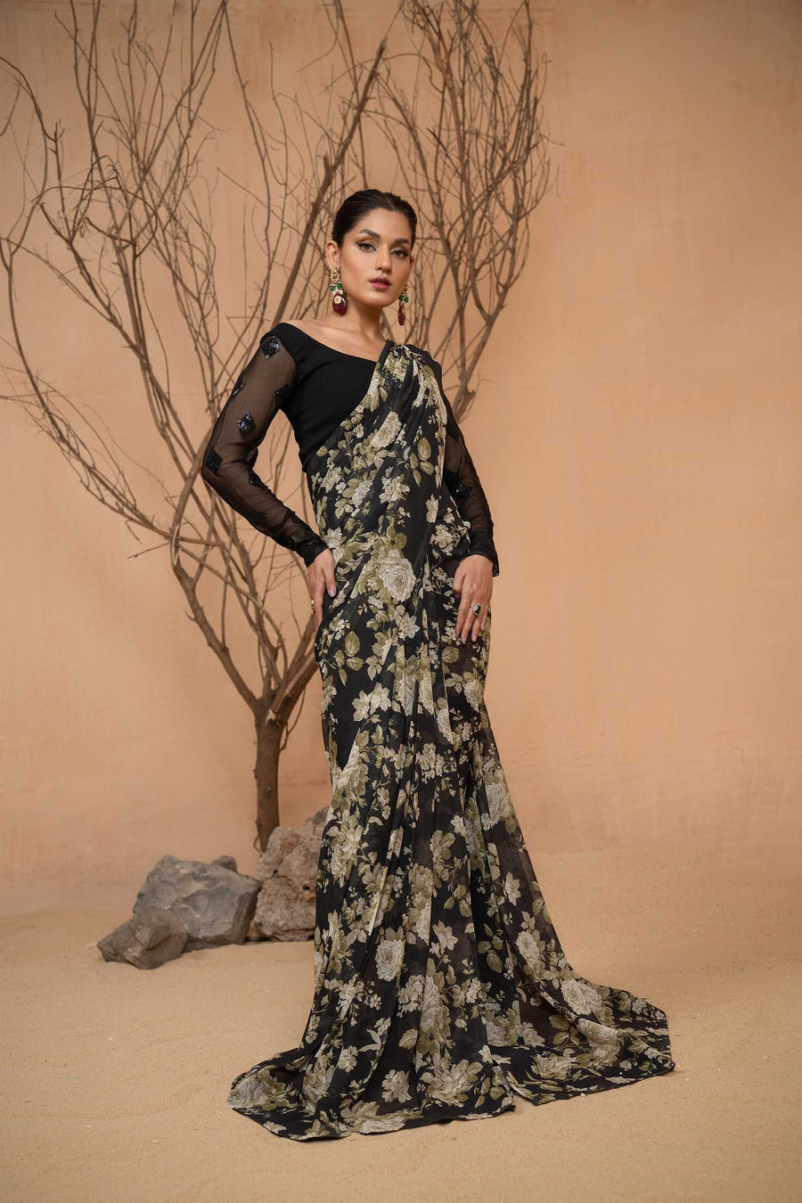 Hemstitch Afsana Vol-02 Embroidered Georgette Chiffon Stitched Saree - AMELIA