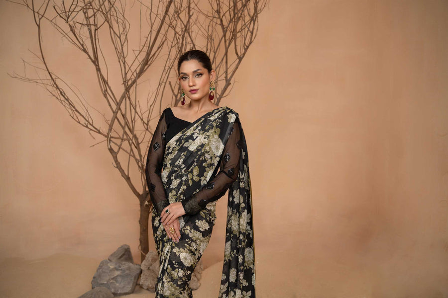 Hemstitch Afsana Vol-02 Embroidered Georgette Chiffon Stitched Saree - AMELIA